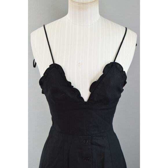 Reformation Brienne Dress Size 0 Black 100% Linen Plunge Midi Slit Button - Picture 2 of 7